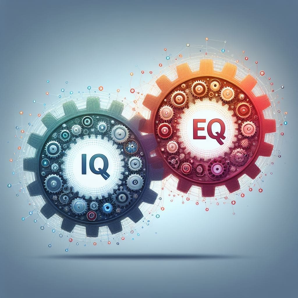 Understanding The Crucial Interplay of Intelligence Quotient (IQ) and Emotional Quotient (EQ) in Leadership Development 1 Two gears meshing together, one labeled "IQ" and the other labeled "EQ," symbolizing the idea of these two aspects working together seamlessly.