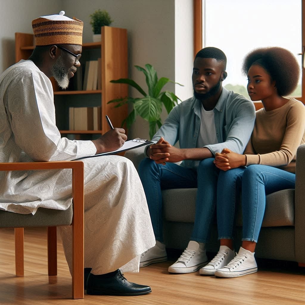 10 Essential Tips for Effective Marriage Counseling in Nigeria 1 A counselor sitting in a chair, facing a couple sitting across from them. The counselor is taking notes in a notepad. Effective Marriage Counseling in Nigeria