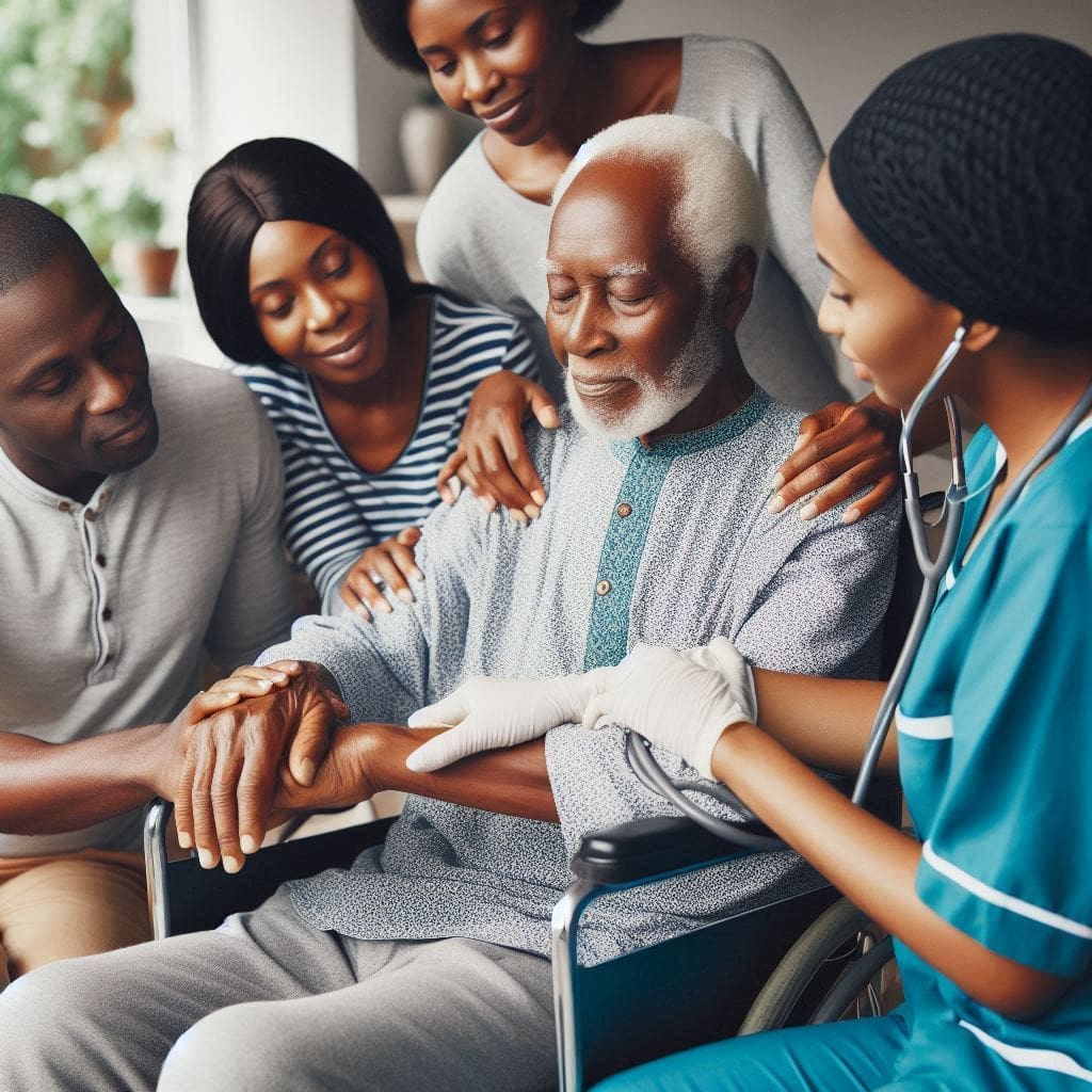Understanding Stroke: A Simple Guide to Recognizing and Preventing a Silent Killer 5 an old man on a wheel chair with his relatives and a nurse- stroke