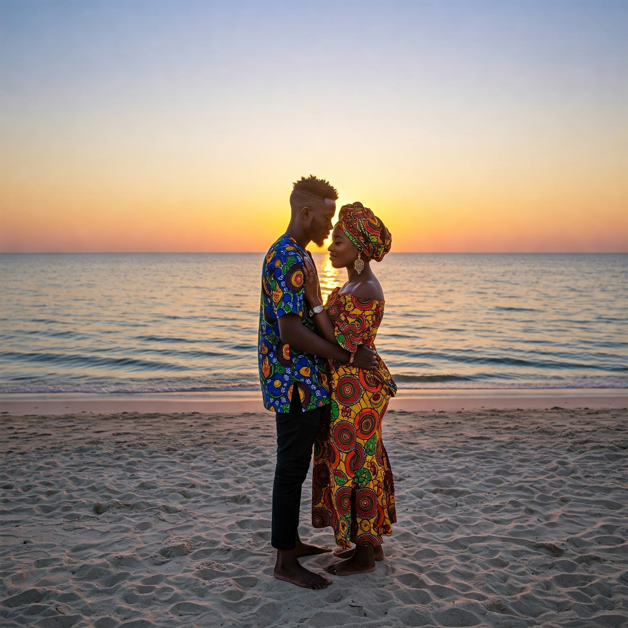 WELLbeing Magazine 20 A young Nigerian couple stand embracing on a beautiful beach at sunset