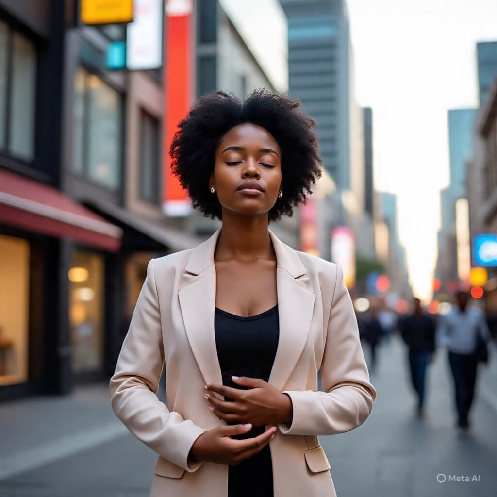 5 Ways to Calm Your Nerves and Stay Composed in Chaotic Situations 1 Young African woman practicing deep breathing in a chaotic city, showing how to stay calm in stressful situations.