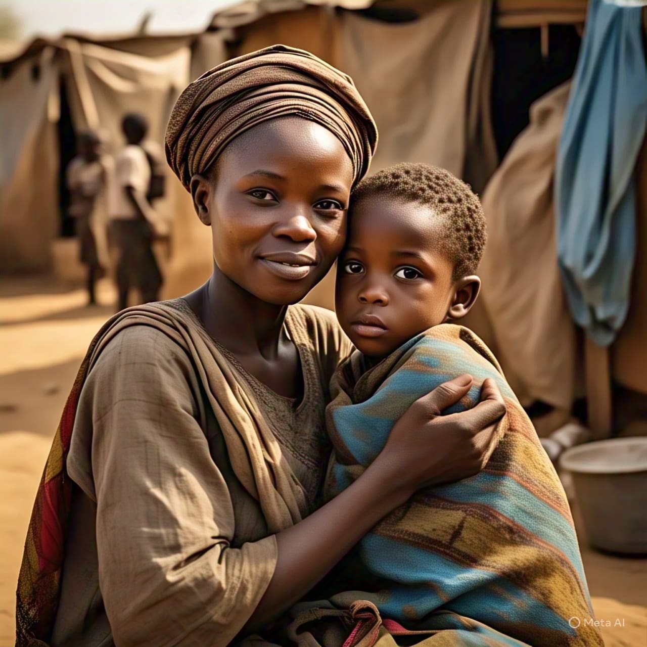 WELLbeing Magazine 14 Nigerian mother hugging her child in a displacement camp, promoting emotional security in conflict-affected areas.