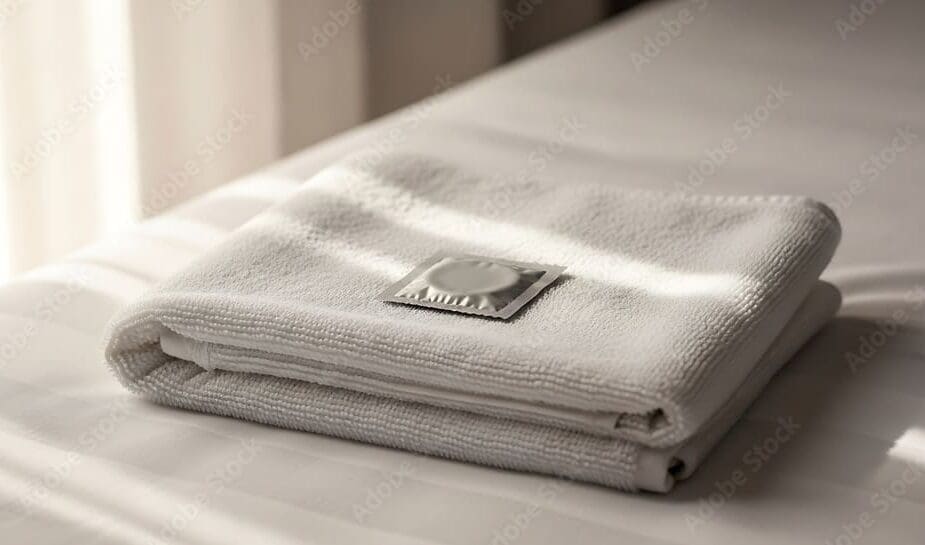 An unlabeled sachet of condom on a well-folded towel