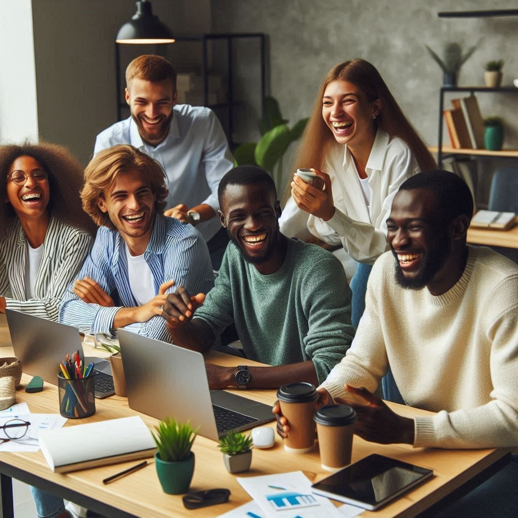 Feeling Good, Working Great: How Employee Well-being Boosts Business Success 1 a group employees that are happy in the workplace-employee well-being