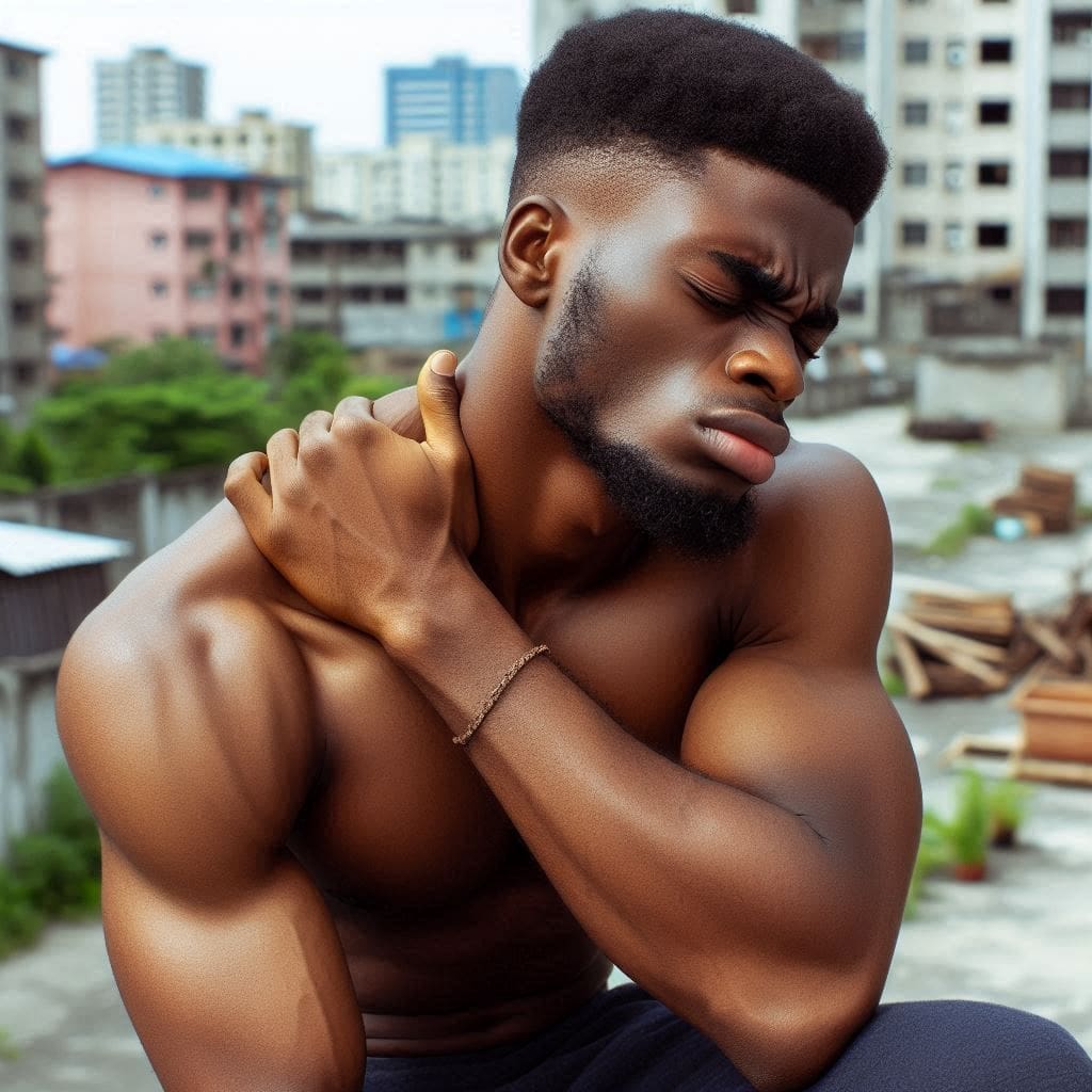 Unlocking the Mystery of Thoracic Outlet Syndrome (TOS): A Guide to Understanding, Healing, and Thriving 1 a man feeling pain on his neck and shoulder- thoracic outlet syndrome (TOS)
