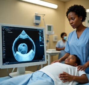 a lady with a scan in the hospital- ectopic pregnancy