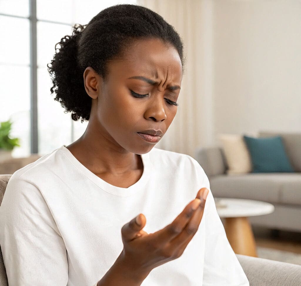 Pins and Needles: Why You Feel That Tingling Sensation 1 a lady feeling a discomfort on her hand-pins and needles